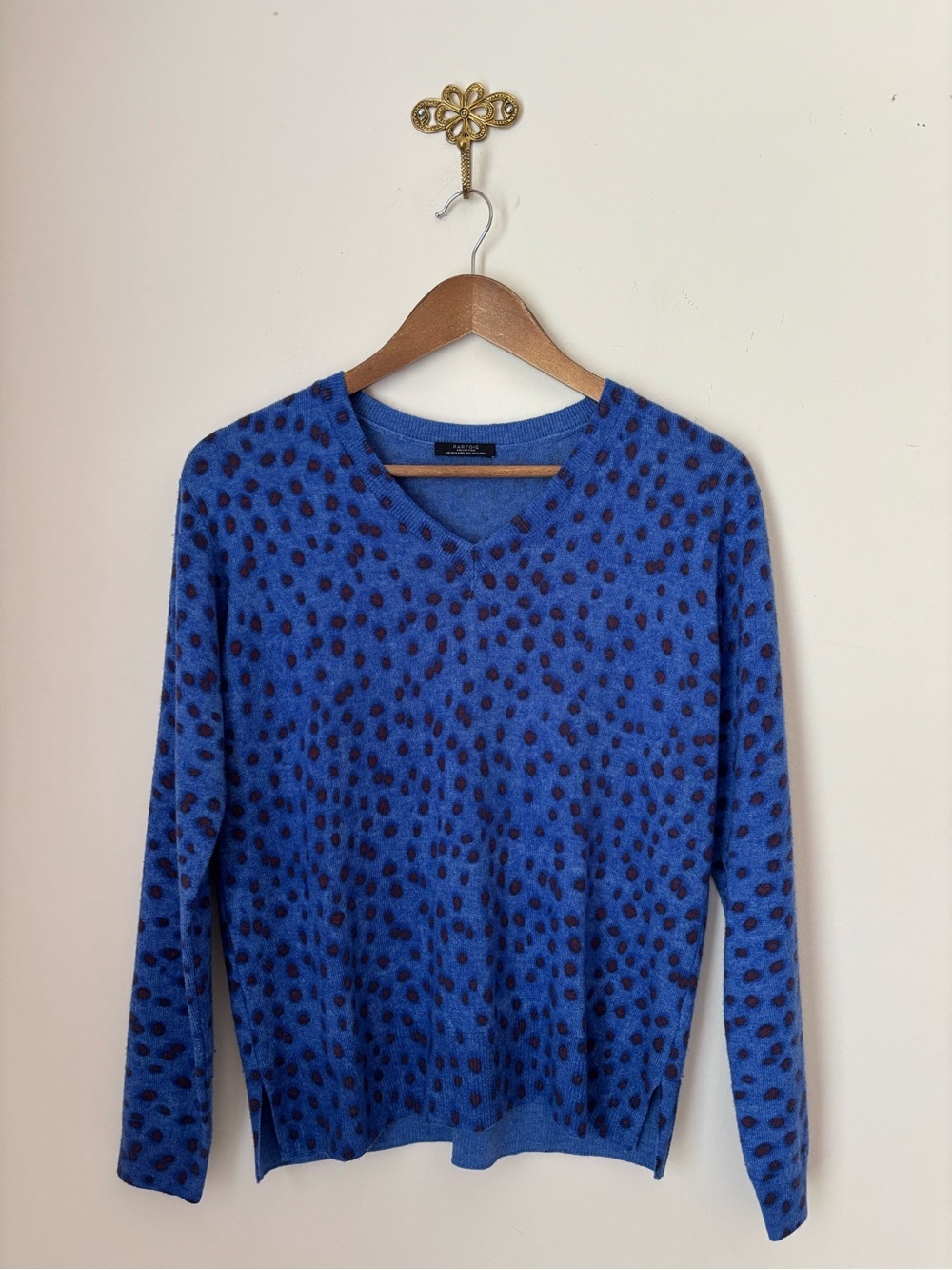 Parfois Blue & Red Dot Print Wool Blend V Neck Sweater XS S